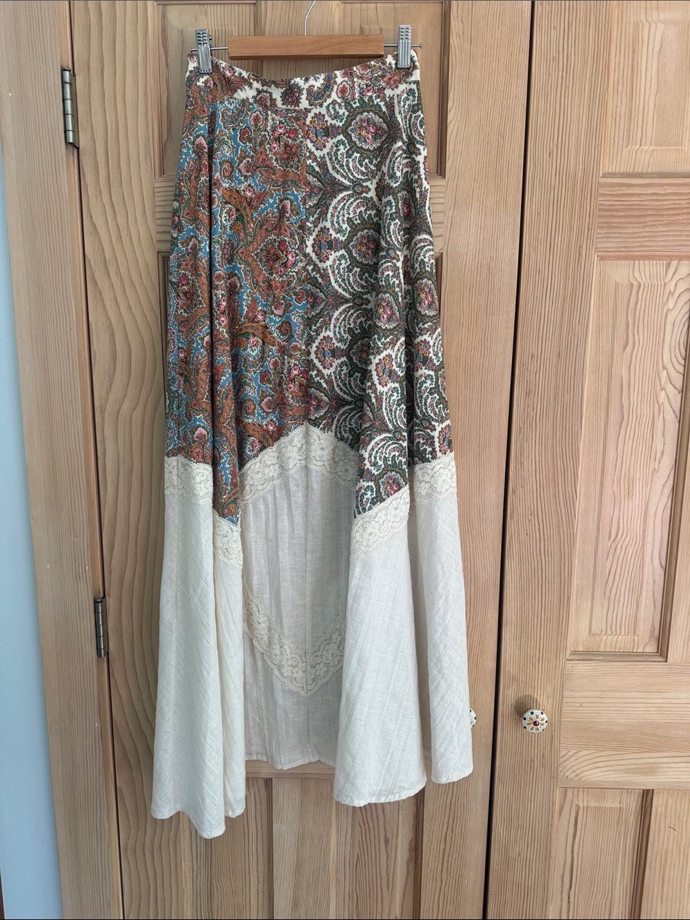 Vintage Bohemian Paisley Patchwork Maxi Skirt in Cream and Earth Tones
